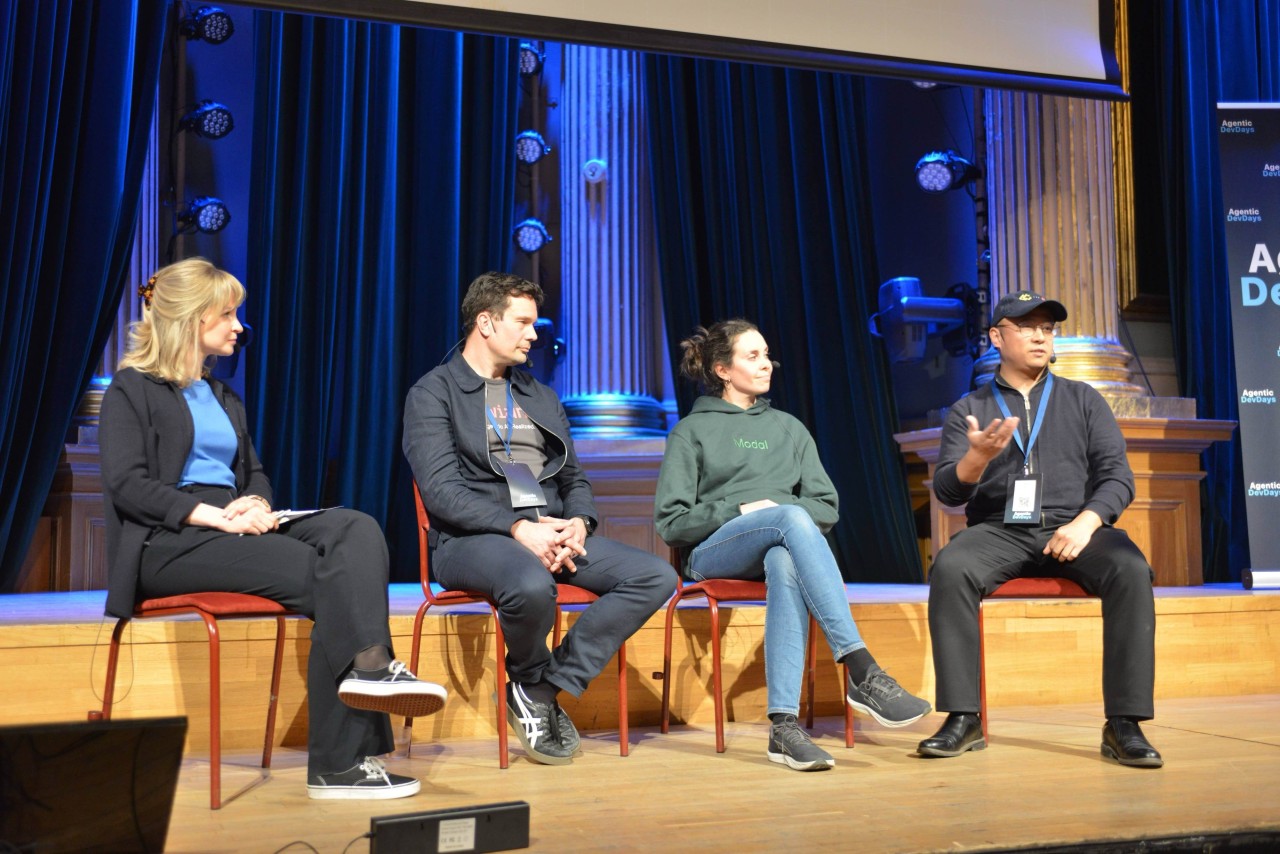 Fireside chat panel on stage at AgenticDevDays 2026
